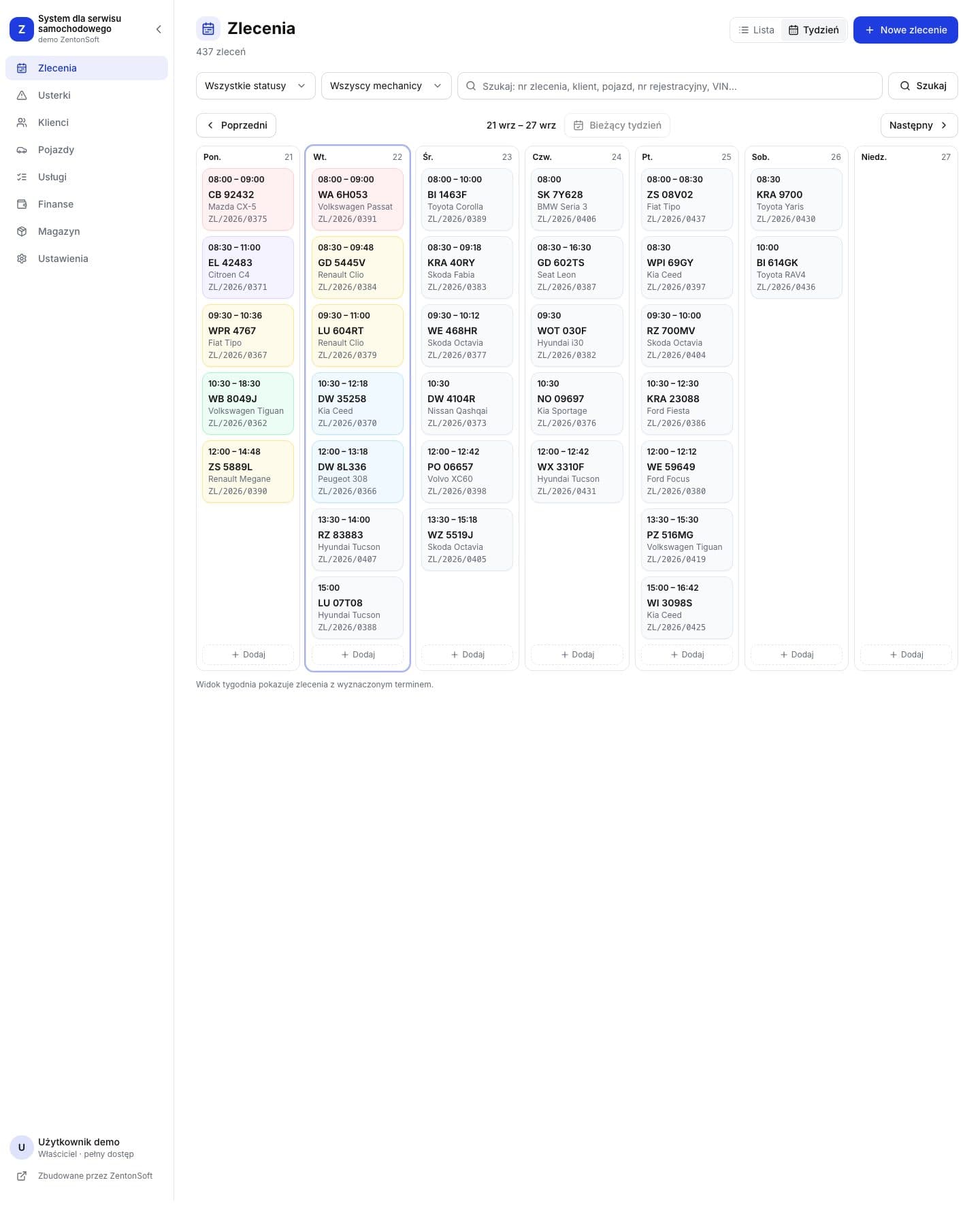 Screenshot of the demo car service system — weekly order schedule