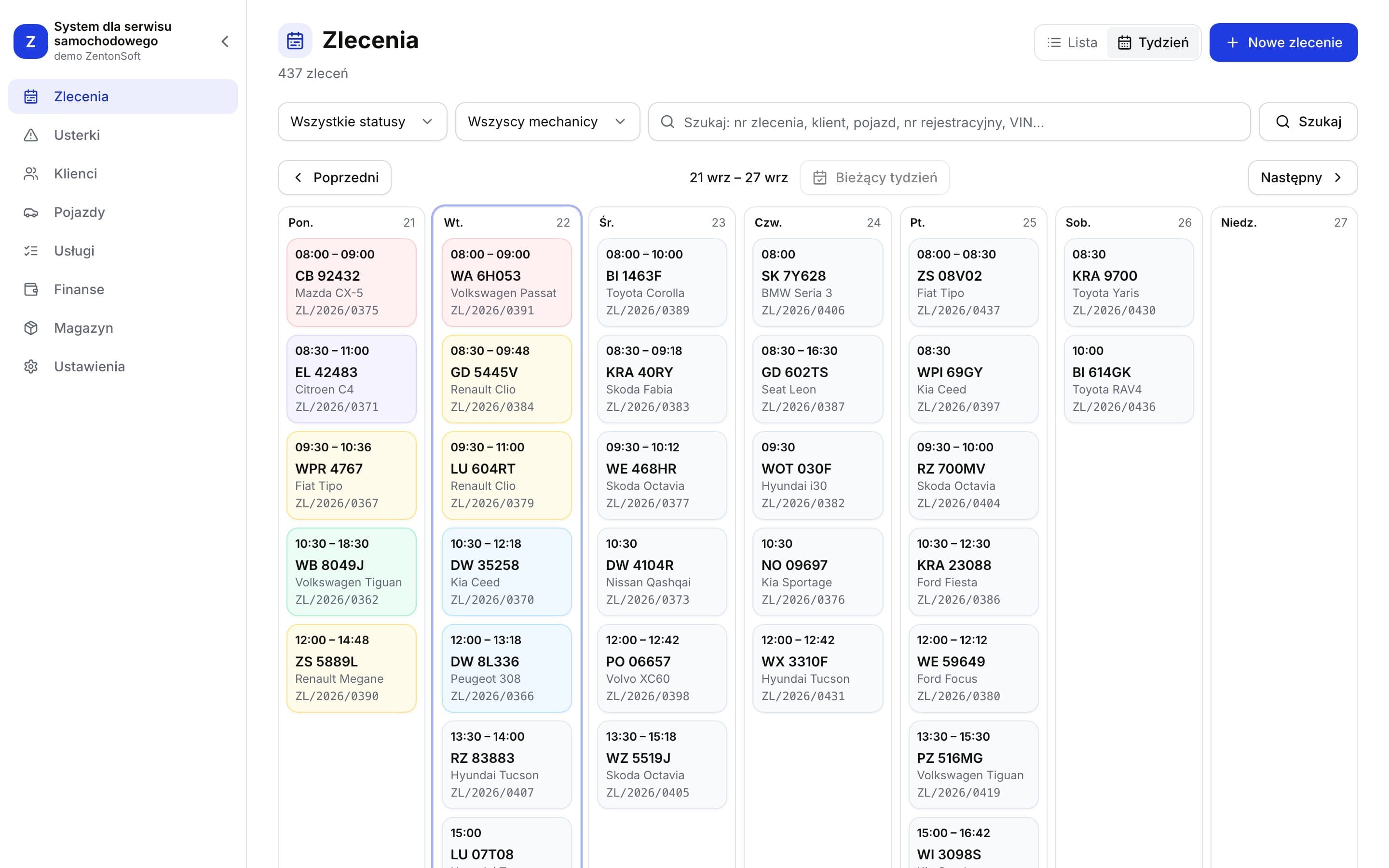 Zrzut ekranu demonstracyjnego systemu dla serwisu samochodowego — tygodniowy grafik zleceń